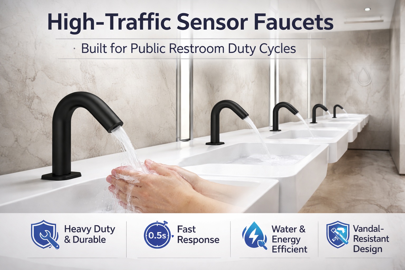 High-traffic sensor faucets designed for public restroom duty cycles